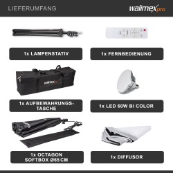 Walimex pro LED studiovalaisinsetti 60 W Bi Color Octagon softbox 65 cm jalusta ja kaukosäädin