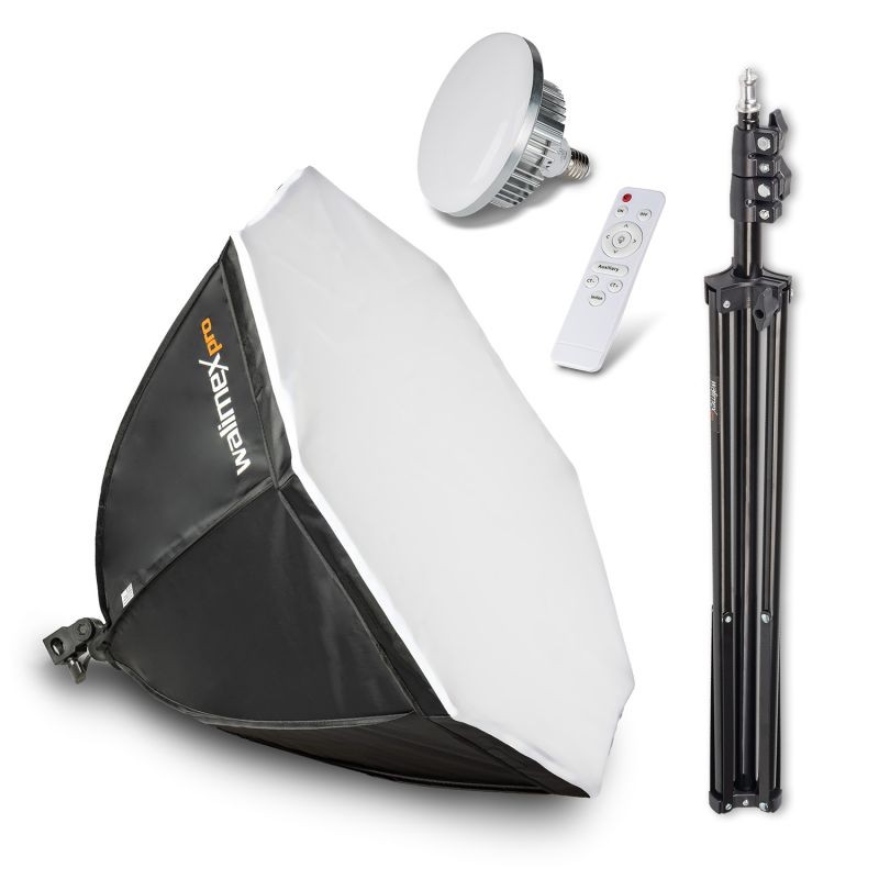 Walimex pro LED-studiovalaisinsetti 60 W Bi-Color, Octagon-softbox 65 cm, jalusta ja kaukosäädin