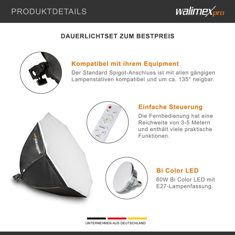 Walimex pro LED-studiovalaisinsetti 60 W Bi-Color, Octagon-softbox 65 cm, jalusta ja kaukosäädin