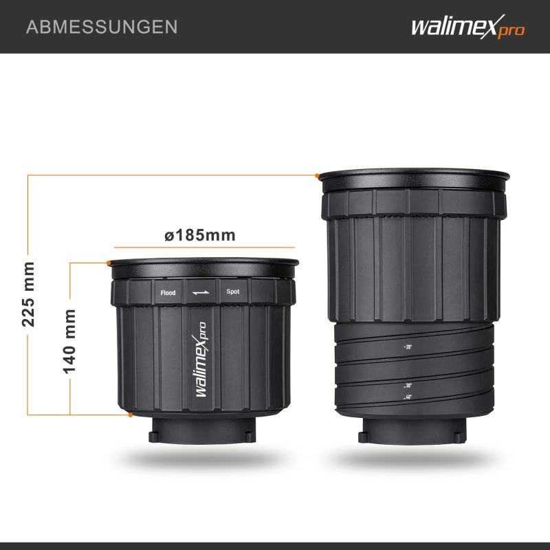 Walimex pro Zoomspot-kohdevalo, Bowens- ja Walimex pro -liitännät, 12°–40°, LED-valaisimet max 350 W