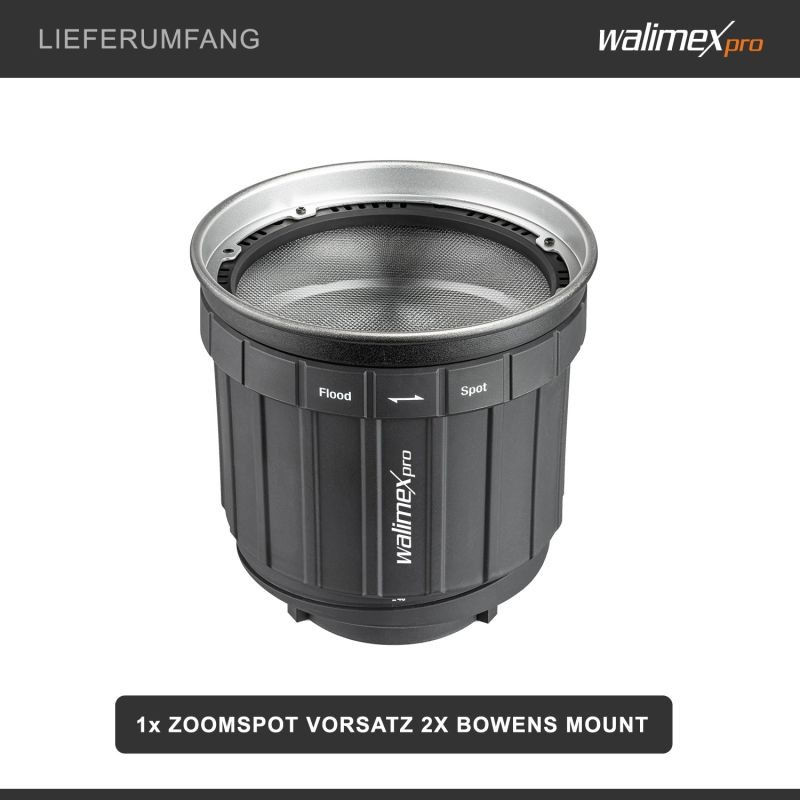 Walimex pro Zoomspot-kohdevalo, Bowens- ja Walimex pro -liitännät, 12°–40°, LED-valaisimet max 350 W
