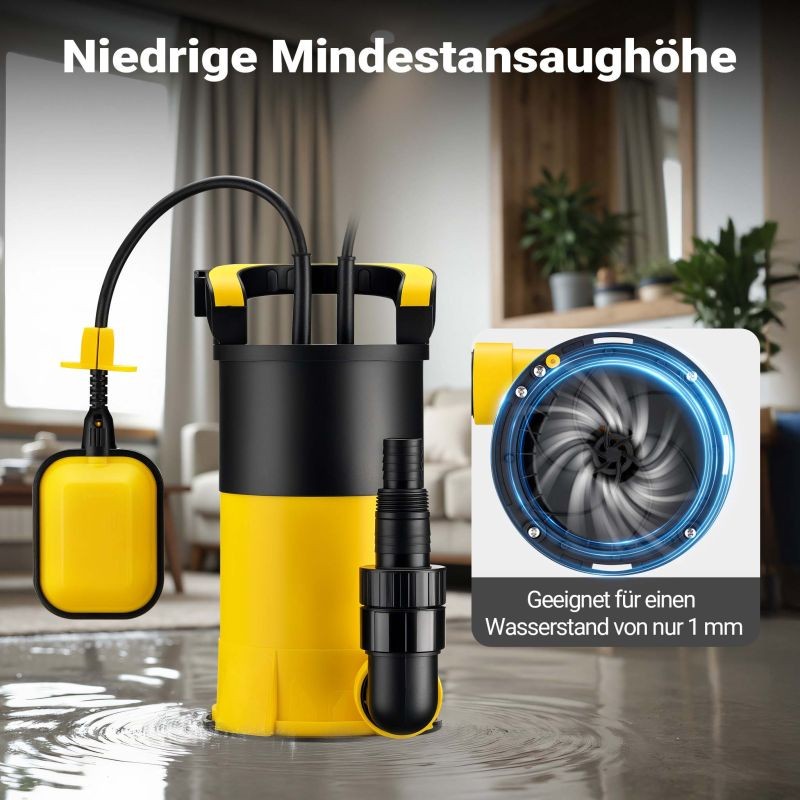 Puhtaan veden uppopumppu 400 W, kellukekytkin, matala imu 1 mm, 8000 l/h, nostokorkeus 5 m, syvyys 7 m