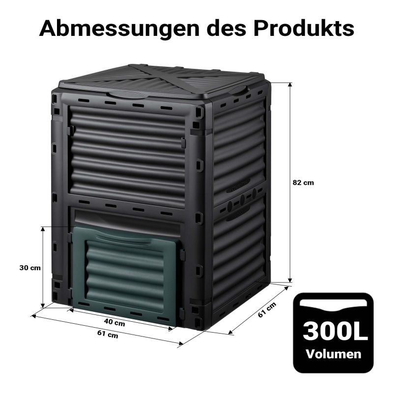 Kompostisäiliö 300 l, 61 x 61 x 82 cm, musta, muovi, kansi ja pohjaluukku