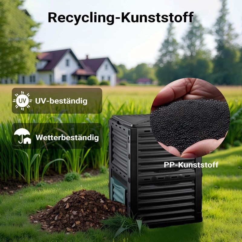 Kompostisäiliö 300 l, 61 x 61 x 82 cm, musta, muovi, kansi ja pohjaluukku