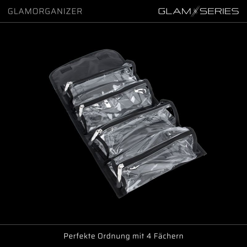 GlamSeries GlamOrganizer meikkiorganisaattori 230 x 120 x 180 mm, rullattava, 4 läpinäkyvää sisäpussia, musta