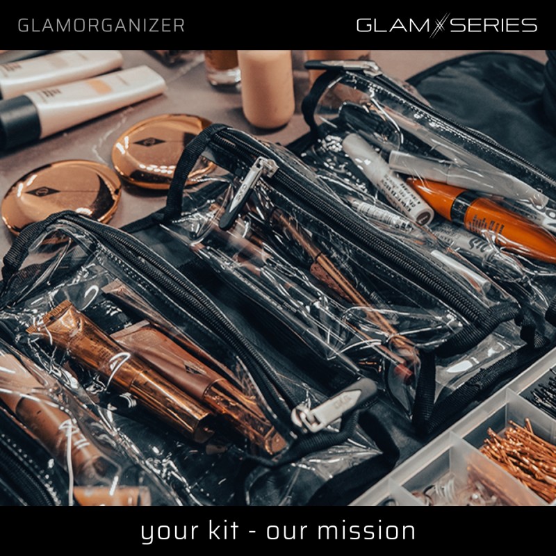 GlamSeries GlamOrganizer meikkiorganisaattori 230 x 120 x 180 mm, rullattava, 4 läpinäkyvää sisäpussia, musta