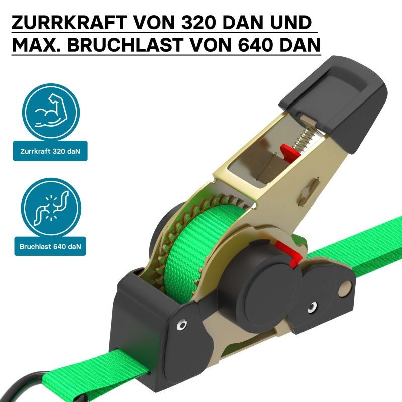 Automaattiset kuormakiinnityshihnat 4 kpl, 3 m x 25 mm, 320 daN, S-koukut, vihreä, PES-polyesteri