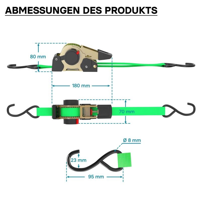 Automaattiset kuormakiinnityshihnat 4 kpl, 3 m x 25 mm, 320 daN, S-koukut, vihreä, PES-polyesteri