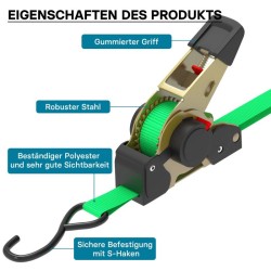 Automaattiset kuormakiinnityshihnat 4 kpl, 3 m x 25 mm, 320 daN, S-koukut, vihreä, PES-polyesteri