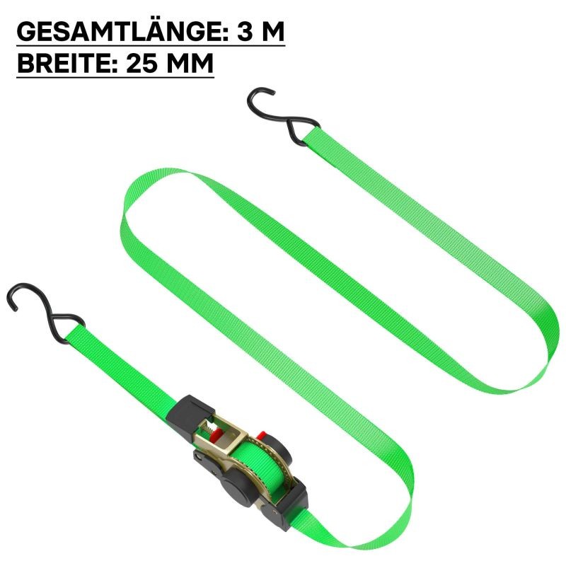 Automaattiset kuormakiinnityshihnat 4 kpl, 3 m x 25 mm, 320 daN, S-koukut, vihreä, PES-polyesteri