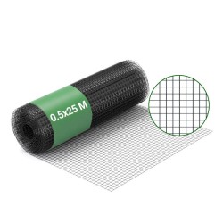 Musta PVC-pinnoitettu sinkitty teräsverkko 0,5 x 25 m, silmäkoko 25 x 25 mm, 1,42 mm