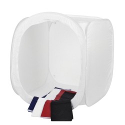 Walimex pro Pop-up-valokuvausteltta 75 x 75 x 75 cm tuotekuvaukseen, taustakankaat ja kuljetuslaukku