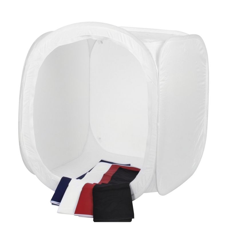 Walimex pro Pop-up-valokuvausteltta 75 x 75 x 75 cm tuotekuvaukseen, taustakankaat ja kuljetuslaukku