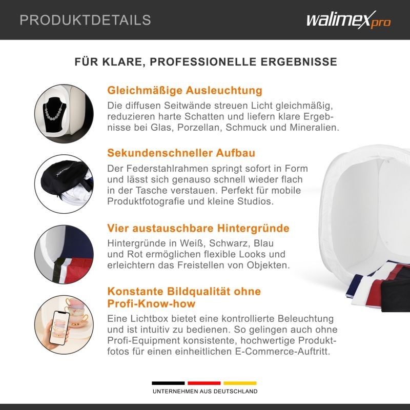 Walimex pro Pop-up-valokuvausteltta 75 x 75 x 75 cm tuotekuvaukseen, taustakankaat ja kuljetuslaukku