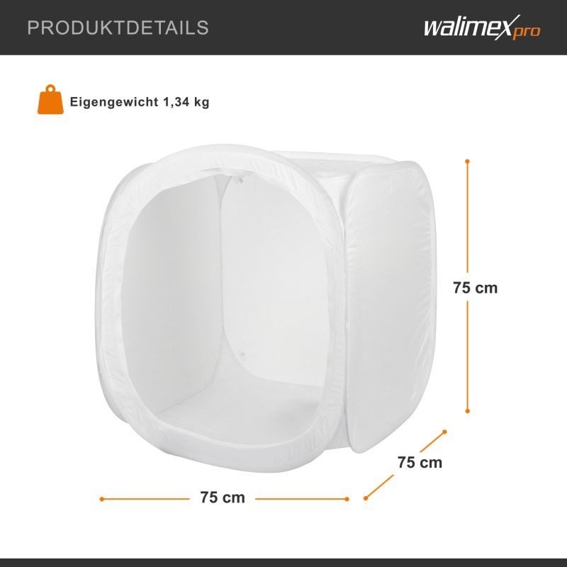Walimex pro Pop-up-valokuvausteltta 75 x 75 x 75 cm tuotekuvaukseen, taustakankaat ja kuljetuslaukku