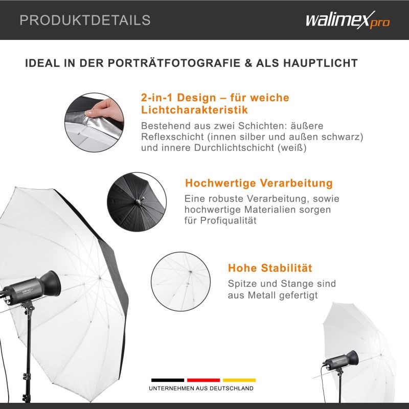 Walimex pro 2-in-1 heijastus- ja läpikuultava varjo 150 cm, 17656, valkoinen/hopea/musta