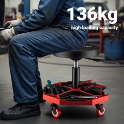Verstasjakkara pyörillä, korkeussäädettävä 37-52 cm, pehmustettu istuin ja työkalutasot, max 136 kg