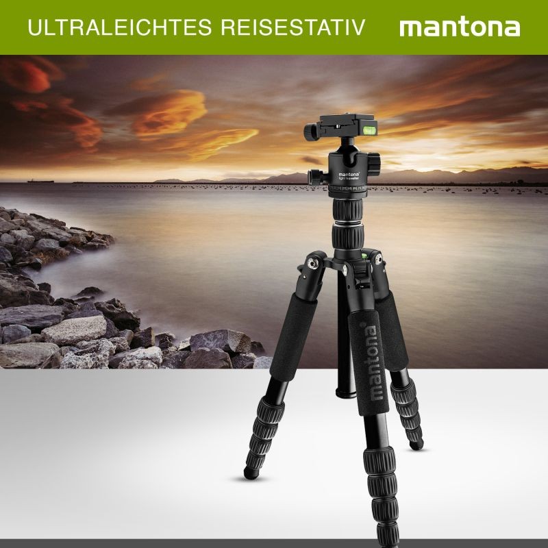 Mantona Light Traveller matkajalusta 131,5 cm, musta, alumiini, 5 kg kantavuus, pallopää ja monopod-toiminto