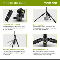 Mantona Light Traveller matkajalusta 131,5 cm, musta, alumiini, 5 kg kantavuus, pallopää ja monopod-toiminto