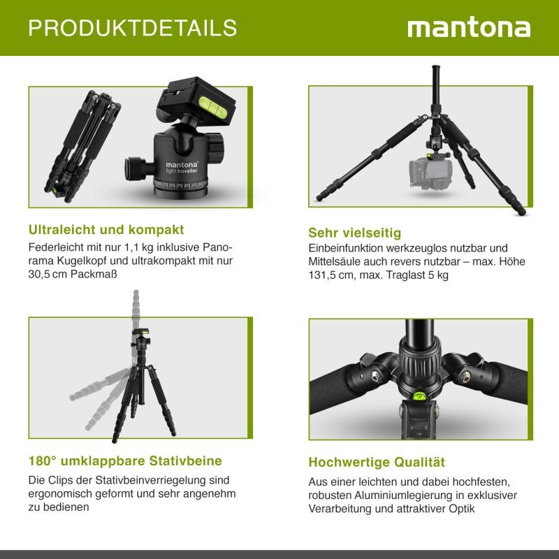 Mantona Light Traveller matkajalusta 131,5 cm, musta, alumiini, 5 kg kantavuus, pallopää ja monopod-toiminto
