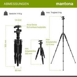 Mantona Light Traveller matkajalusta 131,5 cm, musta, alumiini, 5 kg kantavuus, pallopää ja monopod-toiminto