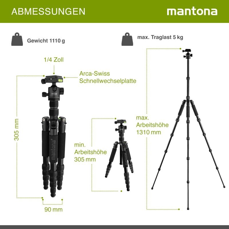 Mantona Light Traveller matkajalusta 131,5 cm, musta, alumiini, 5 kg kantavuus, pallopää ja monopod-toiminto