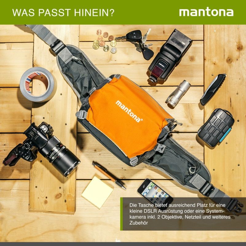 Mantona elementsPro 20 kameralaukku, oranssi, DSLR- ja järjestelmäkameroille, vyötärölaukku, sadesuojalla