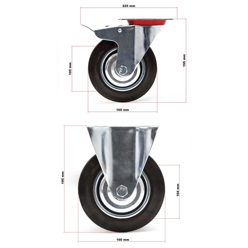 Kuljetuspyöräsarja 160 mm, 2x kääntyvä pyörä kaksoisjarrutuksella ja 2x kiinteä pyörä, kokumi, 130 kg/pyörä