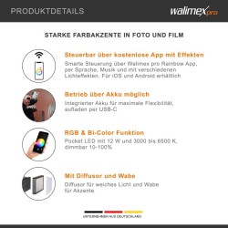Walimex pro Rainbow Pocket LED-RGB videovalaisin, RGBWW, 3000–6500 K, akku, USB-C, App-ohjaus