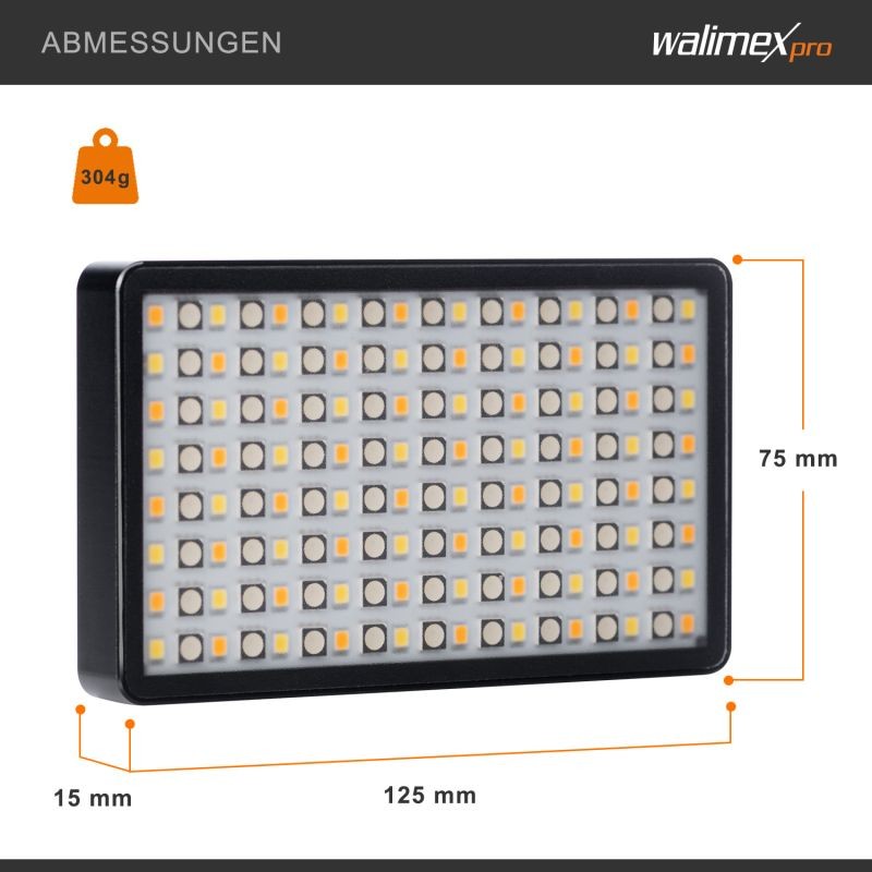 Walimex pro Rainbow Pocket LED-RGB videovalaisin, RGBWW, 3000–6500 K, akku, USB-C, App-ohjaus