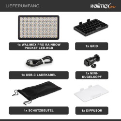 Walimex pro Rainbow Pocket LED-RGB videovalaisin, RGBWW, 3000–6500 K, akku, USB-C, App-ohjaus