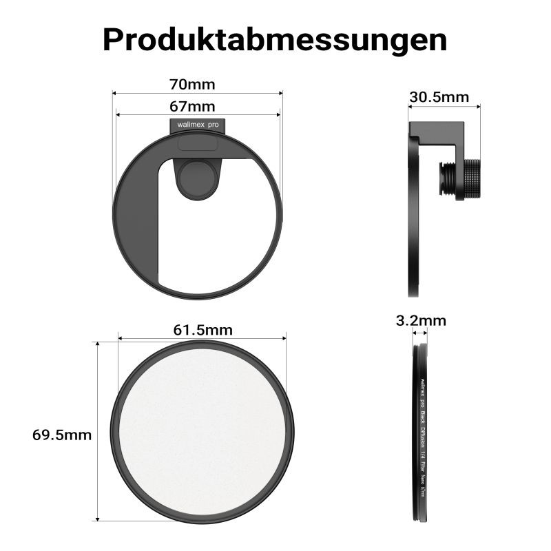 Walimex pro Suodatinpidike 67 mm älypuhelimelle, diffuusiosuodatin 67 mm ja Cold Shoe -kiinnike