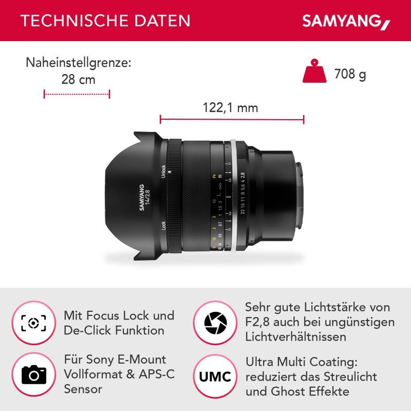 Samyang MF 14mm F2,8 MK2 laajakulmaobjektiivi, manuaalitarkennus, Sony E / FE, Full Frame/APS-C