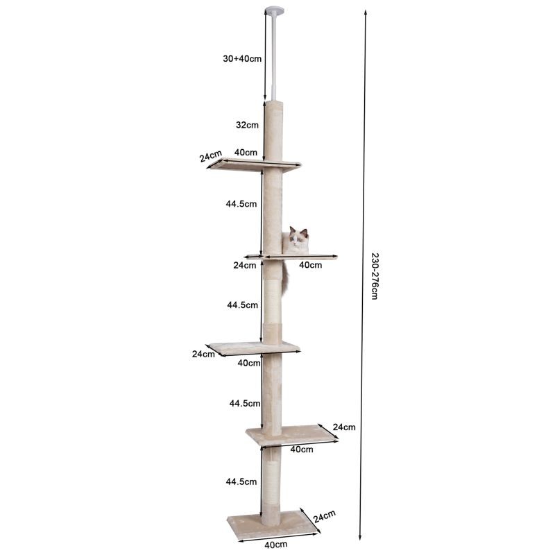 Fudajo Kiipeilypuu 230–276 cm, beige, 4 tasoa, lattia- ja kattokiinnitys, sisal
