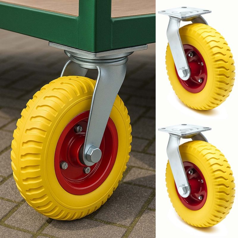 Kääntyvät kuljetuspyörät 2 kpl, Ø220 mm, leveys 58 mm, 100 kg/pyörä, keltainen, PU-täyskumi