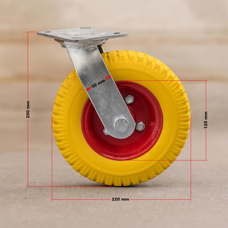 Kääntyvät kuljetuspyörät 2 kpl, Ø220 mm, leveys 58 mm, 100 kg/pyörä, keltainen, PU-täyskumi