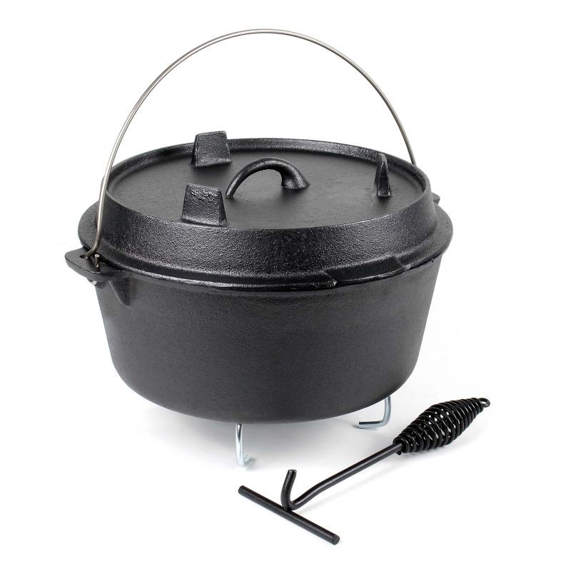 Dutch Oven valurautapata 9 l, alusta ja kansinostin, nuotiotulelle ja retkeilyyn