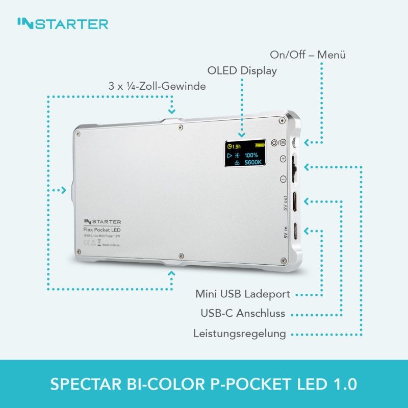 Instarter Spectar Bi-Color Flex P-Pocket LED 1.0 LED-videovalo 12 W, diffuusori ja varavirtatoiminto