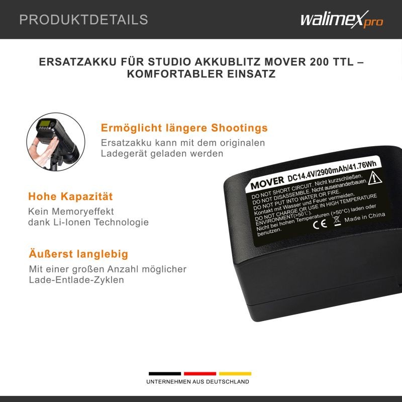 Walimex pro Mover 200 TTL vara-akku 2900mAh 14,4V 41,76 Wh Li-ion