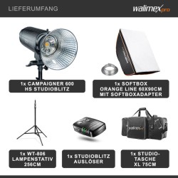 Walimex pro Campaigner 600 HS studiosalamasetti 600 Ws softbox 60x90 cm valojalka ja kuljetuslaukku