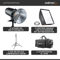 Walimex pro Stager 400 HSS studiosalamasetti 400 W softbox ja valaisinjalka