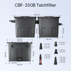 Lampisuodatinsetti CBF-350B, NEO-10000 SuperECO-pumppu 10 000 l/h, CUV-236 selkeytin 36 W, letku 25 m x 25 mm