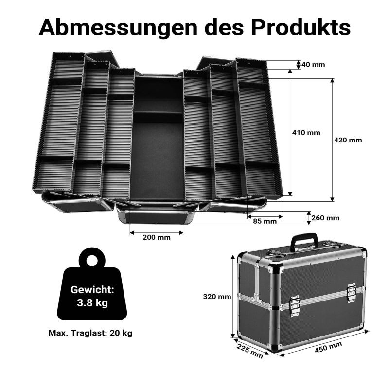 Alumiini- ja ABS-muovinen kuljetussalkku jaottelulla, musta, 450 x 225 x 320 mm, lukittavissa