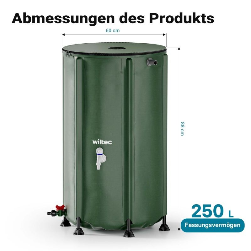 Taitettava sadevesisäiliö 250 l, vihreä, 620 g/m² PVC, kansi, hana ja letkuliitäntä