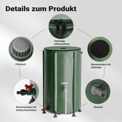 Taitettava sadevesisäiliö 250 l, vihreä, 620 g/m² PVC, kansi, hana ja letkuliitäntä