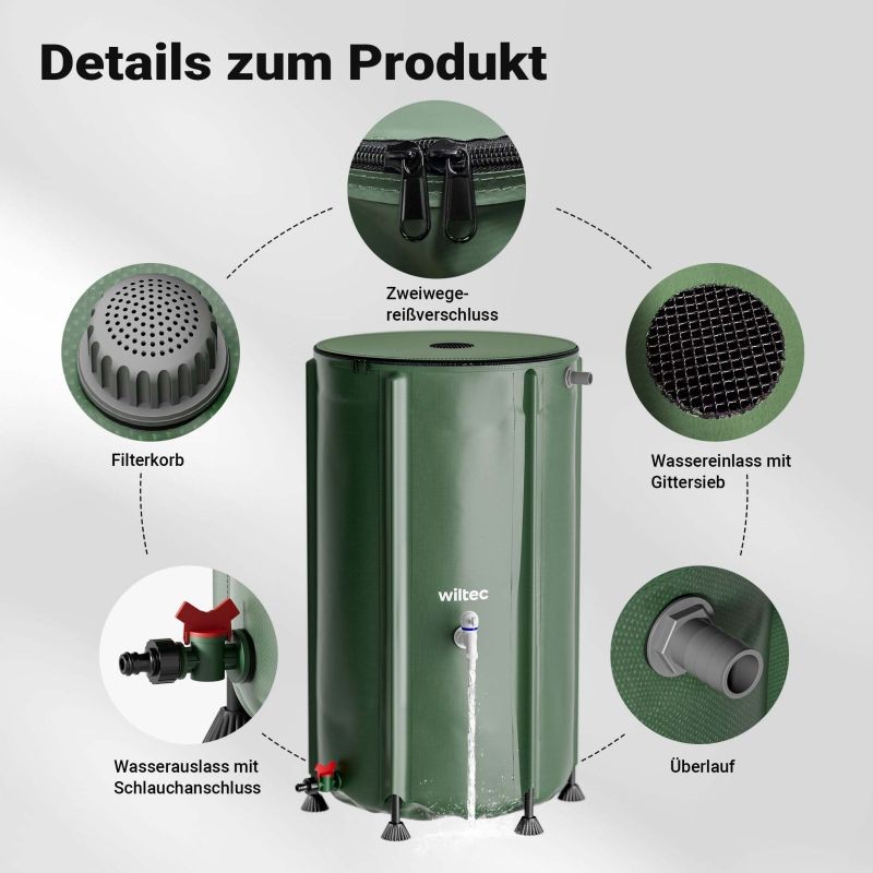 Taitettava sadevesisäiliö 250 l, vihreä, 620 g/m² PVC, kansi, hana ja letkuliitäntä