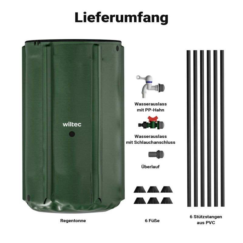 Taitettava sadevesisäiliö 250 l, vihreä, 620 g/m² PVC, kansi, hana ja letkuliitäntä