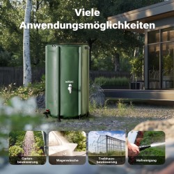 Taitettava sadevesisäiliö 250 l, vihreä, 620 g/m² PVC, kansi, hana ja letkuliitäntä