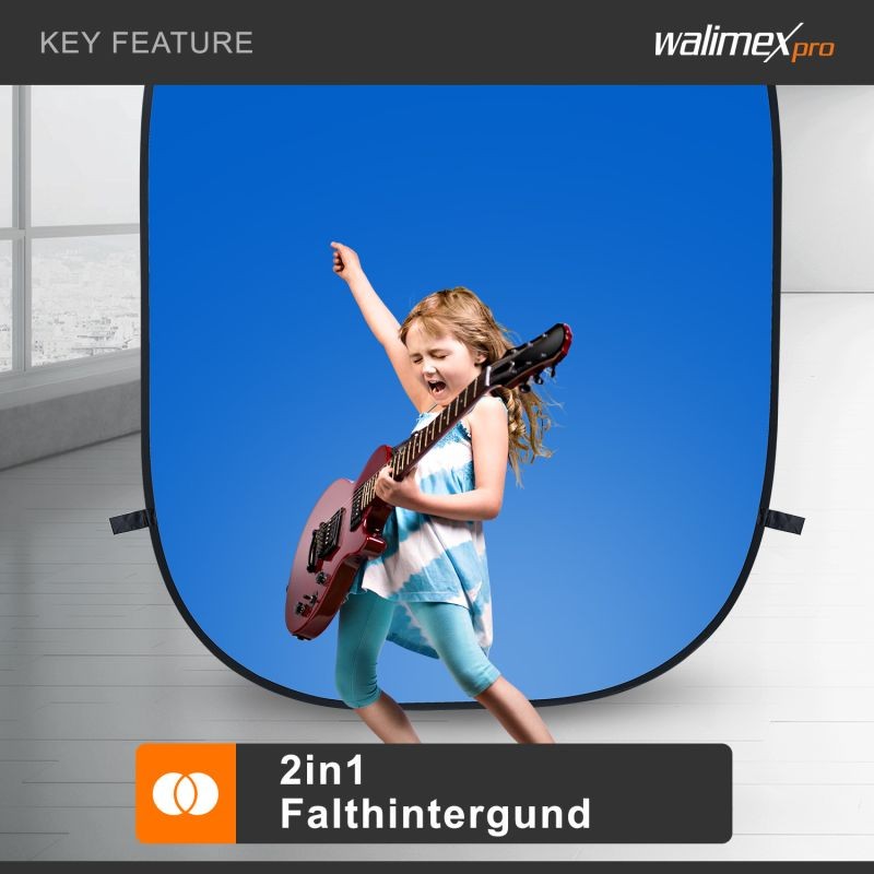 Walimex pro 2 in 1 taitettava taustakangas harmaa/sininen 150 x 200 cm, jousirengas ja kantolaukku
