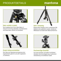 Mantona Scout MAX Makro II -jalusta, alumiini, korkeus 153 cm, kantavuus 6 kg, kuulapää